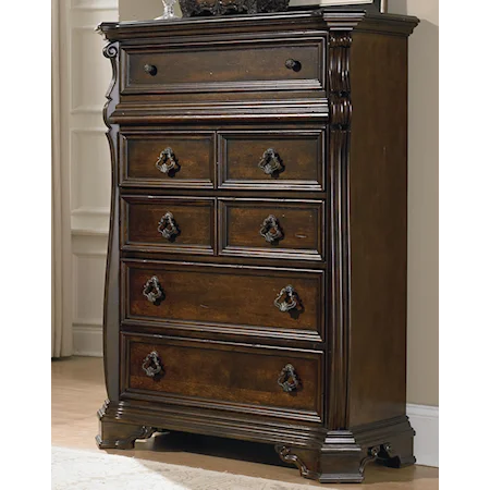 6 Drawer Chest with Ornate Moulding and Burnished Brass Hardware